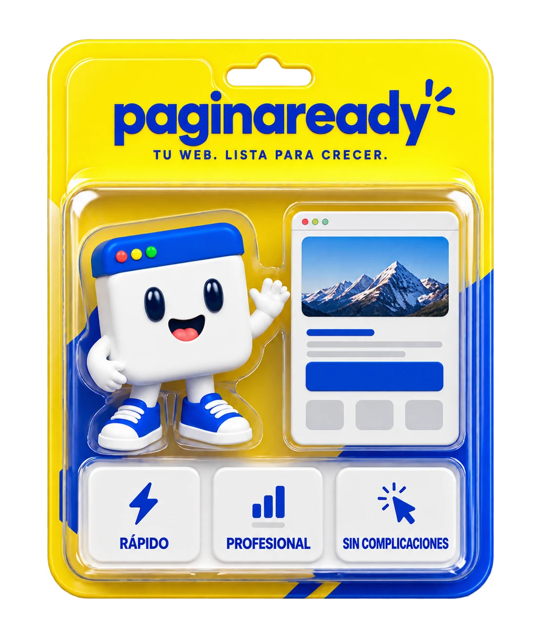 Página Ready como un producto en su empaque: la mascota, una página de ejemplo y las etiquetas Rápido, Profesional y Sin complicaciones
