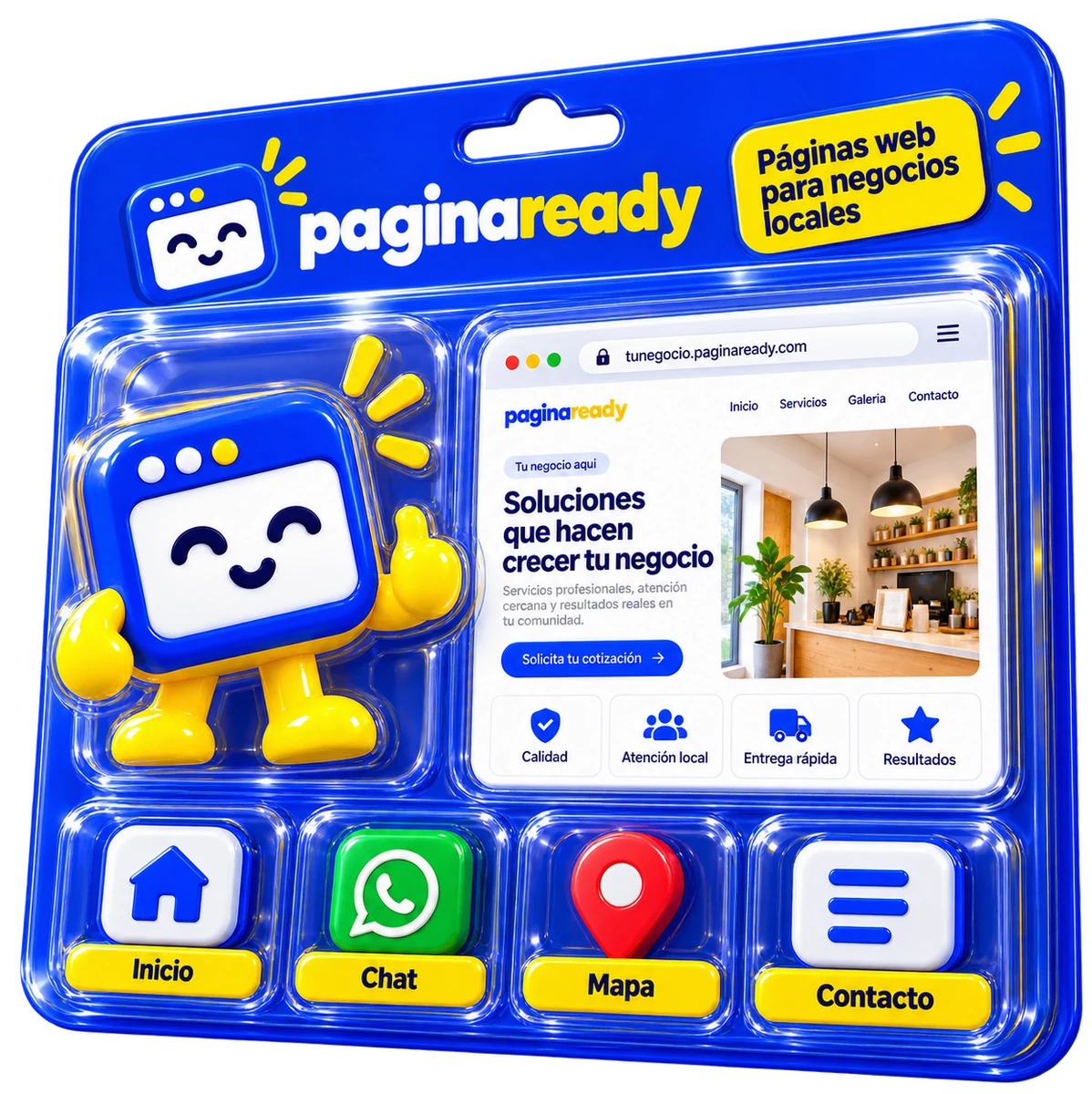 Página Ready empaquetada como un producto: la mascota, una página de ejemplo en un navegador y los botones Inicio, Chat, Mapa y Contacto